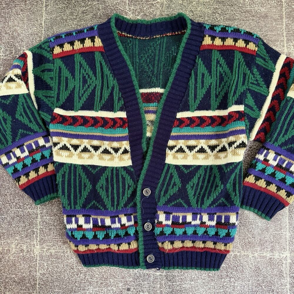 Boy's Vintage 90's Blue Green Red Coogi Like Textured 3D Cardigan Sweater Sz 3T